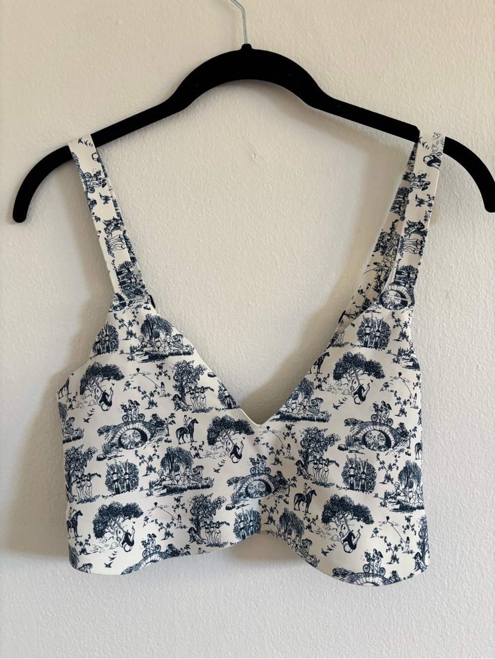 Toile-Print V-Neck Bralette - Cream & Navy